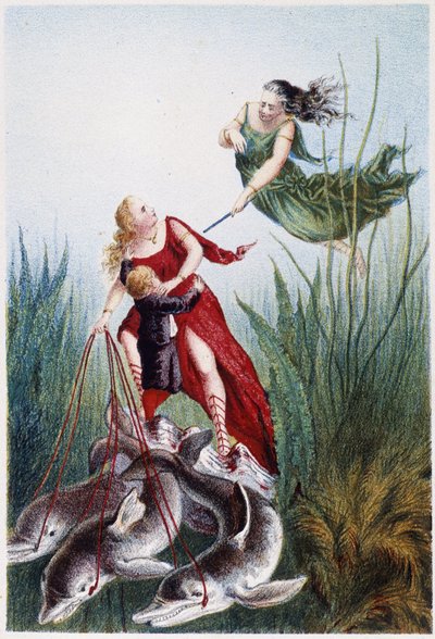 Una mujer ataca a otra mujer y un niño es conducido por delfines - en "Viaje al fondo del mar" de H. de la Blanchère. París, ed. Jouvet et Cie, sd. 1880. (doble 02947) de French School