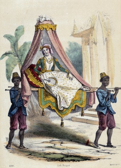 Una mujer llevada en un palanquín por 2 sirvientes; ilustración para Asia, -en “The twelve Nations” de M.E Fouinet de French School
