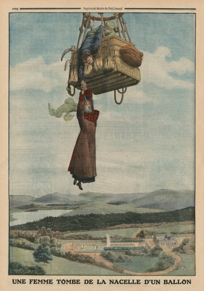 Una mujer cayendo de la góndola de un globo, ilustración de la contraportada de 