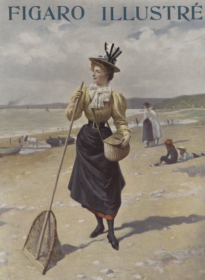Una mujer caminando por la playa con equipo de pesca de French School