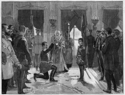 Abdicación del Rey Milán I de Serbia (1854-1901), 7 de marzo de 1889: el ex rey presta juramento de obediencia y fidelidad a su hijo, Alejandro I de Serbia (1876-1903), para quien acaba de abdicar. Grabado en 