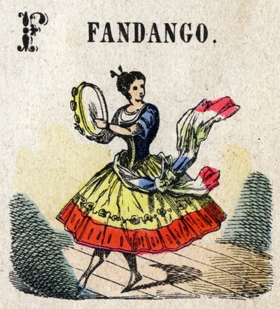 Abecedario. Letra F como Fandango. Pequeño alfabeto enciclopédico, serie popular. Imagen de Epinal, finales del siglo XIX de French School