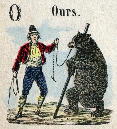 Abecedario. Letra O como un reloj de oso. Pequeño alfabeto enciclopédico, serie popular. Imagen de Epinal, finales del siglo XIX de French School