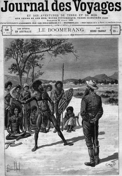 Aborígenes de Australia usando un boomerang, finales del siglo XIX. Grabado en “Journal des Voyages” del 30 de abril de French School