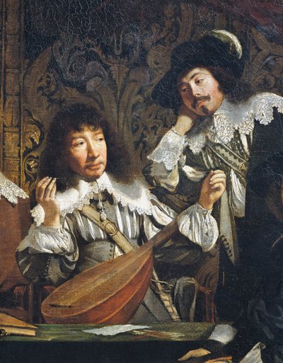 Academia de música, o Reunión de aficionados, circa 1640, por artista desconocido de la escuela francesa, (detalle) de afinación del laúd de French School