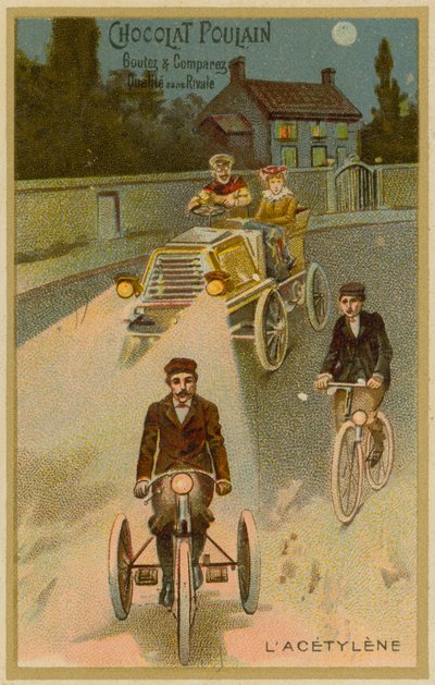 Faros de acetileno en un automóvil y una motocicleta de French School