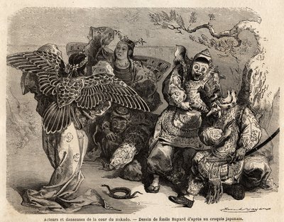 Actores y bailarines de la corte del Mikado en traje de escena. Grabado para ilustrar el viaje a Japón en 1863-1864, por Aime Humbert, ministro de la Confederación Helvética, en "Le tour du monde, nouveau journal des voyages", publicado bajo la dirección d de French School