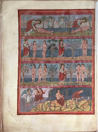 Add.10546 f.5v Adán y Eva, de la Biblia Moutier-Grandval, iluminados en la Abadía carolingia de San Martín, Tours, latín, c.834-843 (vitela) de French School