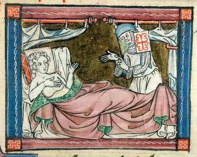 Agregar. 10293, f.107 Una mujer en la cama atendida por una monja, ilustración de 