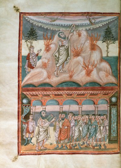 Añadir 10546 f.25b Moisés recibiendo y transmitiendo la Ley de Dios en el Monte Sinaí, de la Biblia de Moutier-Grandval, iluminada en la Abadía carolingia de San Martín, Tours, c.834-843 (vitela) de French School