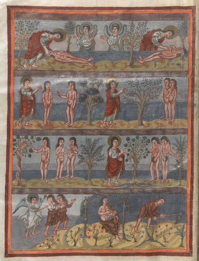 Agregar. 10546, f.5v La creación de Adán y Eva (vitela) de French School