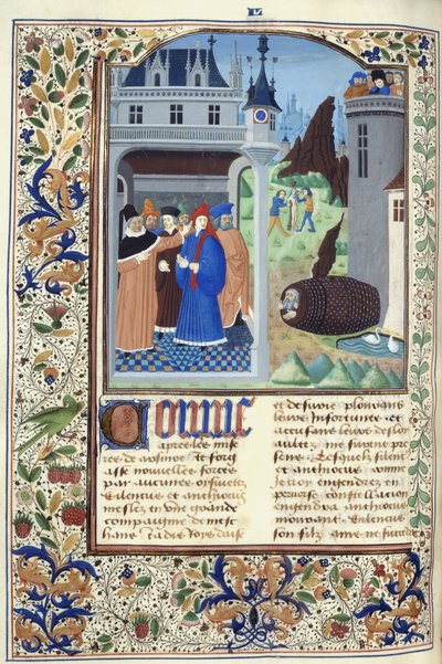 Añadir. 11696, f.136v Boccaccio observando la tortura, de "Le Livre des Cas des Nobles et Illustres Hommes" de Giovanni Boccaccio, c.1470 (tinta, color y oro sobre vitela) de French School