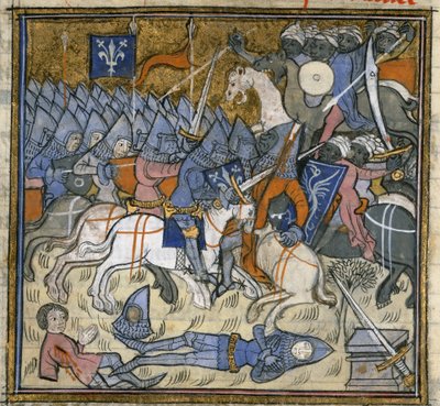 Agregar. 15269, f.124v Cruzados luchando contra sarracenos, ilustración de 