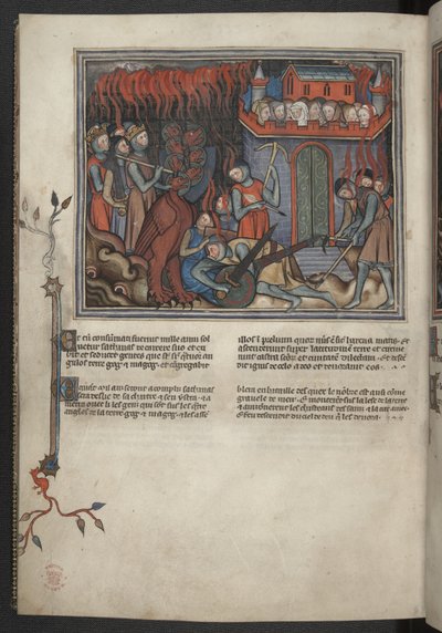 Añadir 17333, f.42v, Miniatura de los ejércitos del Cielo luchando contra el dragón (Apocalipsis XIX:19-20), de Apocalipsis (el 