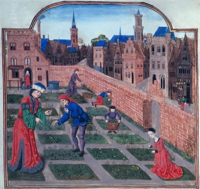 Add 19720 fol.165 Un jardín de hierbas amurallado en una ciudad, de Livre des profits ruraux de Piero de Crescenzi de Bolonia (1230-1320/1) finales del siglo XV (vitela) de French School