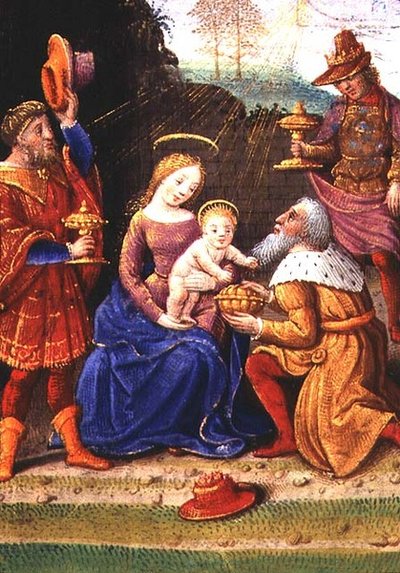 Add 35214 f.62v Adoración de los Reyes Magos, de un Libro de Horas, París de French School