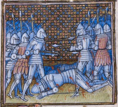 Agregar. 38659 fol.170 Muerte de Sir John Chandos. Una batalla medieval, iluminación de 