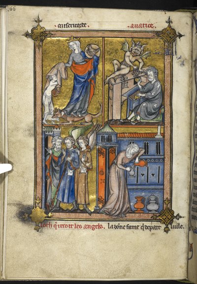 Agregar. 54180, f. 136v, Miniatura con ángeles vestidos de peregrinos, de 