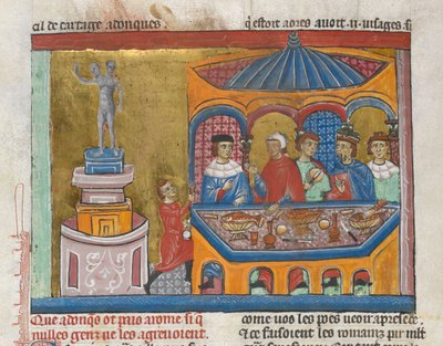Agregar. MS 15268, fol. 242v Templo de Jano con senadores cenando en primer plano, de 