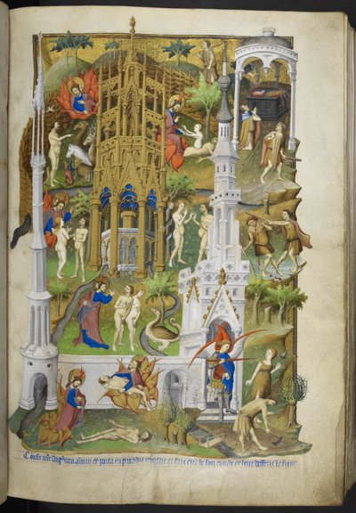Añadir Ms 18850 f.14r Escenas de la Creación y la Caída, Adán y Eva, y sus hijos, Caín y Abel, del Libro de Horas (Las Horas de Bedford) c.1410-30 (tinta, color y oro sobre vitela) de French School