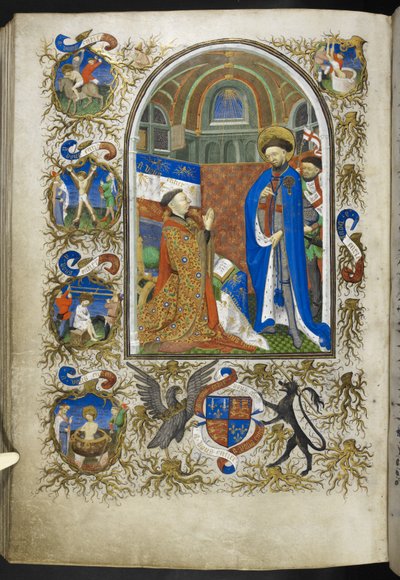 Añadir Ms 18850 f.256v, Duke of Bedford before St George, from Book of Hours (The Bedford Hours) c.1410-30 (tinta, color y oro sobre vitela) de French School
