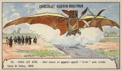 Ader realizando un vuelo exitoso en su máquina voladora Avion, Camp de Satory, Francia de French School