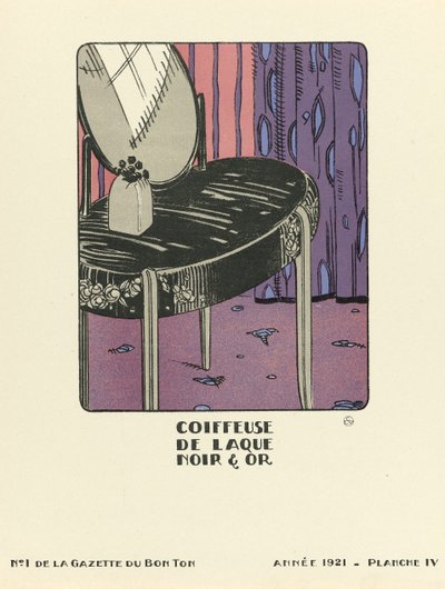Anuncio de "Coiffeuse de Laque Noir  Or", pub.1921 (estarcido) de French School