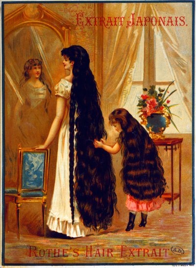 Anuncio de Extrait Japonais, un producto para el cabello que promueve el crecimiento del cabello, 1895 de French School