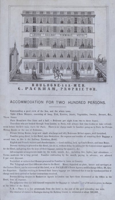 Anuncio del Hotel Terminus de la Estación de Ferrocarril del Louvre, Boulogne-sur-Mer, Francia de French School