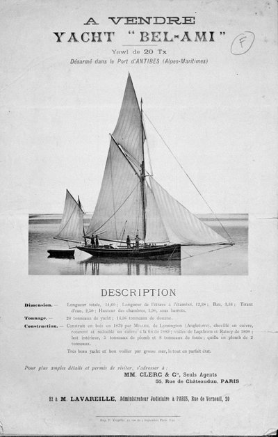 Anuncio de la venta del yate Bel-Ami de Guy de Maupassant de French School