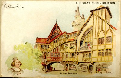 Cromolitografía publicitaria de chocolates Guerin Boutron, El Viejo París, Rue des Remparts de French School
