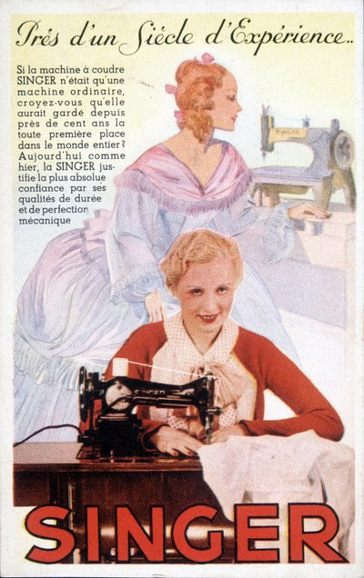 Tarjeta publicitaria para máquinas de coser Singer de French School