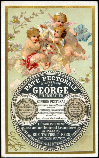 Tarjeta publicitaria para la Pasta Pectoral con Regaliz por Georgé Farmacéutico. s.d. siglo XIX de French School