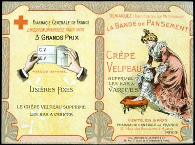 Tarjeta publicitaria de "El vendaje de crepé Velpeau elimina las medias varicosas". Sd. Siglo XIX de French School