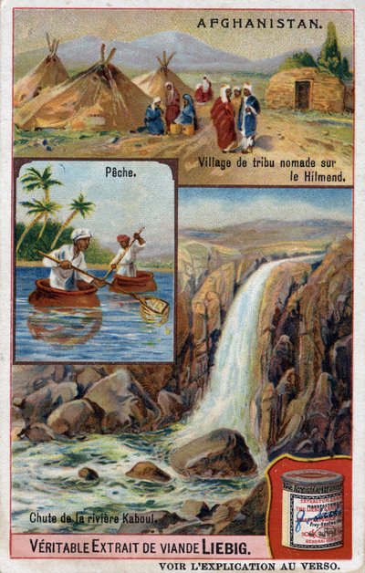 Tarjeta publicitaria que muestra una aldea de tribu nómada en el Hilmend, pescadores y la caída del río Kabul en Afganistán. Cromolitografía del siglo XIX. de French School