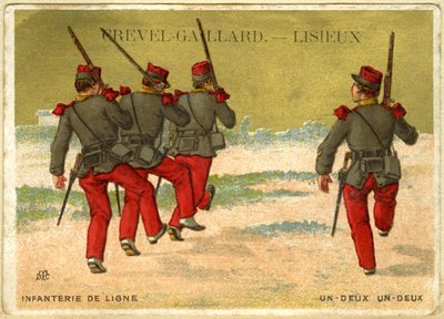 Cromolitografía publicitaria de Grevel-Gaillard, Lisieux, infantería en línea, uno dos, uno dos de French School