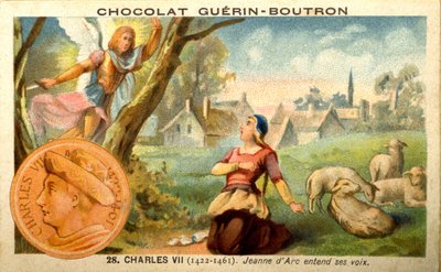 Cromolitografía publicitaria de chocolates Guerin Boutron, Carlos VII rey de 1422 a 1461. Juana de Arco escucha voces de French School
