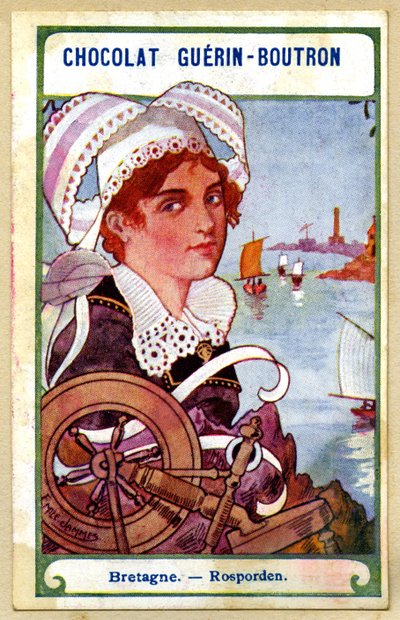 Cromolitografía publicitaria de chocolates Guerin Boutron, los tocados de las regiones de Francia, Bretaña, Rosporden, ilustración de Emile Jammes de French School
