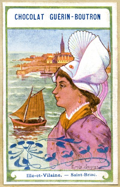 Cromolitografía publicitaria de chocolates Guerin Boutron, los tocados de las regiones de Francia, Ille y Vilaine, Saint Briac, ilustración de Emile Jammes de French School