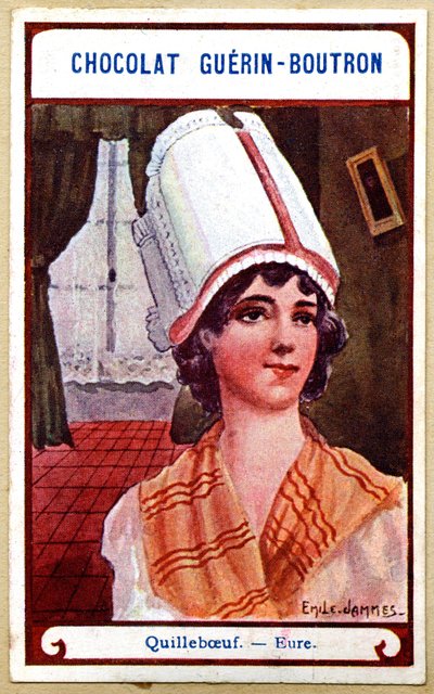 Cromolitografía publicitaria de chocolates Guerin Boutron, los tocados de las regiones de Francia, Quillebœuf, Eure, ilustración de Emile Jammes de French School