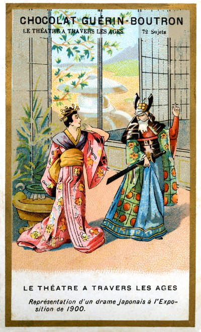 Publicidad cromolitográfica de chocolates Guérin Boutron, teatro a través de los tiempos, 72 temas, drama japonés de French School