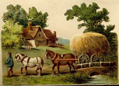Cromos publicitarios, recortados a medida según los contornos de los dibujos representados que estaban muy de moda a principios del siglo XX y concebidos para ser recortados y pegados en álbumes, Escena rural, principios del siglo XX (cromolitografía) de French School