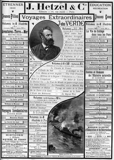 Publicidad para las novelas de Jules Verne acercándose al final del año 1887, editor J. Hetzel. de French School