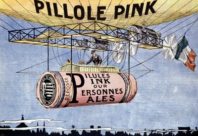 Publicidad de Pink pills: píldoras milagrosas para personas pálidas y debilitadas. Regeneran la sangre y tonifican los nervios. Aproximadamente 1904 de French School