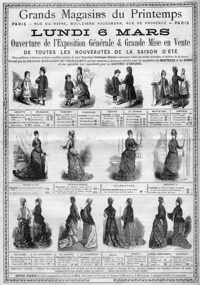 Publicidad para la apertura de la exposición general y la venta de novedades de la temporada de verano (colección de verano) en los grandes almacenes Printemps en París. Grabado en “L