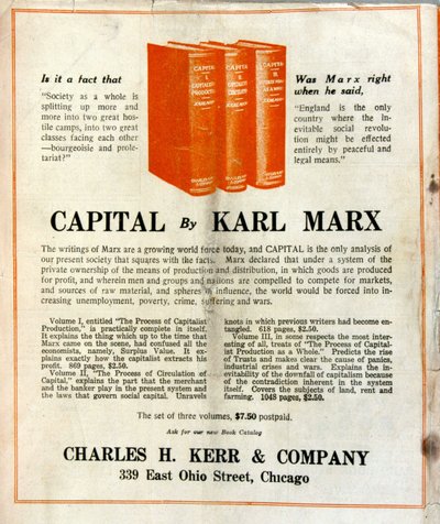Publicidad para la venta del libro "El Capital" de Karl Marx en una revista americana de French School
