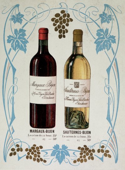Publicidad para la venta de vino Margaux-Bijon (Margaux Bijon) y Sauternes-Bijon (Sauternes Bijon), 25frs de las 12 botellas, 50frs en 25 de French School