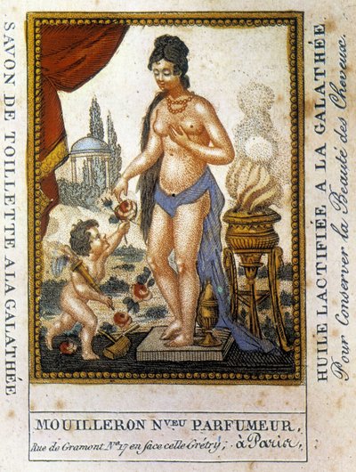 Etiqueta publicitaria para aceite lactificado galathy "para preservar la belleza del cabello" Perfumista Mouilleron de French School