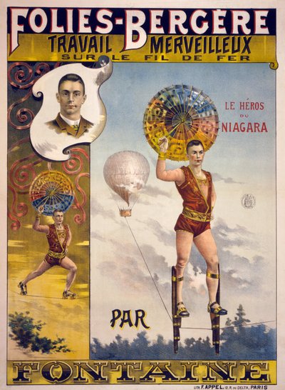 Anuncio para Folies-Bergère, Trabajo Maravilloso sobre el Fil de Fer por Fontaine, pub. en París 1870-1890 de French School