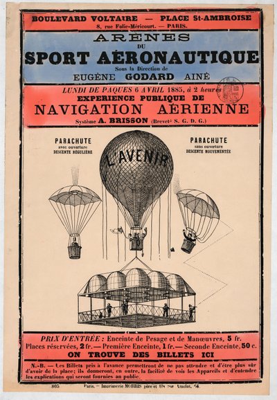 Exposición de Aeronáutica a celebrarse en París en 1885 bajo la dirección de Eugene Godard, pub. 1885 de French School